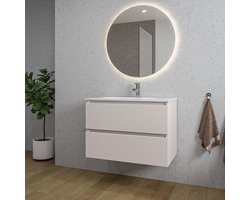 Adema Chaci Badkamermeubelset - 80x46x57cm - 1 ovale keramische wasbak wit - 1 kraangat - 2 lades - ronde spiegel met verlichting - mat cotton (beige)