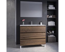 Adema Chaci PLUS Badkamermeubelset - 100x86x46cm - 1 rechthoekige keramische wasbak wit - 1 kraangat - 3 lades - rechthoekige spiegel - noten (hout)