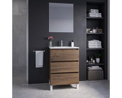 Adema Chaci PLUS Badkamermeubelset - 60x86x46cm - 1 ovale keramische wasbak wit - 1 kraangat - 3 lades - rechthoekige spiegel - noten (hout)
