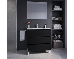 Adema Chaci PLUS Badkamermeubelset - 80x86x46cm - 1 rechthoekige keramische wasbak wit - 1 kraangat - 3 lades - rechthoekige spiegel - mat zwart