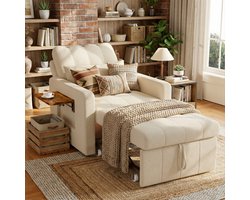 ADFBL 3-in-1 Slaapstoel Beige - Chenille Bedstoel met Werktafeltje & Opbergzak | 5 Standen Verstelbaar