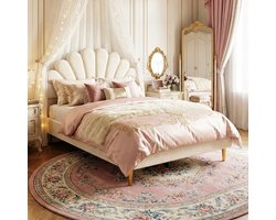 ADFBL Bed 140x200 Beige - Fluweel Bedframe met Schelpvormig Hoofdbord | Bloem Design & Gouden Poten