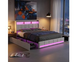 ADFBL Bed 140x200 cm Beige - Gestoffeerd Bedframe met 4 Lades, LED & USB-C | Hoofdbord met Opbergruimte