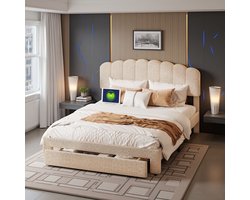 ADFBL Bed 140x200cm Beige Teddy - met Lade aan Voeteneinde - Twijfelaar met USB Oplaadpunt - Modern Zacht Gestoffeerd Bed - Inclusief Lattenbodem