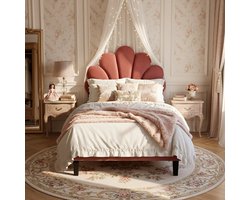 ADFBL Bed 90x200 Rood - Fluweel Eenpersoonsbed met Schelpvormig Hoofdbord | Kinderbed Bloem Design