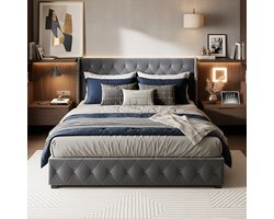 ADFBL Bed met Opbergruimte 140x200 Donkergrijs - Fluweel Ottomaan Bedframe Wingback met Siernagels & Hydraulische Pomp