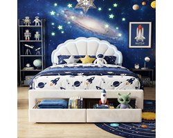 ADFBL Bed met Opbergruimte 140x200 Wit - Fluweel Bedframe Schelpvorm met Slimme LED & 2 Lades