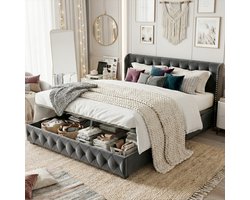 ADFBL Bed met Opbergruimte 160x200 Donkergrijs - Fluweel Ottomaan Bedframe Wingback met Siernagels & Hydraulische Pomp