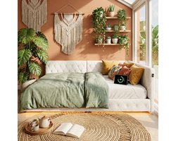 ADFBL Bedbank 140x200 cm Beige - Teddy Hoekbed met LED & USB-C | Gestoffeerd Bed met Rugleuning