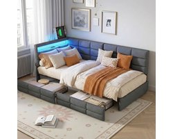 ADFBL Bedbank 90x200cm - Grijs Linnen met Lade & LED|USB - Eenpersoonsbed - Uniek L-vormig Hoofdbord - Modern Tienerbed met Opbergruimte