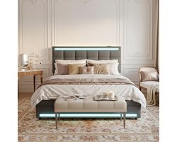 ADFBL Gestoffeerd Bed 140x200 cm Grijs - Bedframe met 4 Lades, LED & USB | Linnen Look Opbergbed
