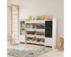 ADFBL Kinderboekenkast Wit - Speelgoedkast met 8 Bakken & Krijtbord | Grote Opbergkast voor Speelgoed & Boeken