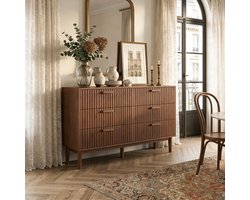ADFBL Ladekast met 6 Lades - 100x34x73cm - Walnoot Houtlook - Hoge Commode met Ribbelstructuur - Modern Dressoir voor Woonkamer, Hal & Slaapkamer - Vintage & Stijl
