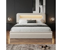 ADFBL Ottomaans Bed 140x200 Beige - Fluweel Bed met LED & USB-C | Hoofdbord met Opbergvak