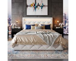 ADFBL Ottomaans Bed 140x200 Beige - Fluweel Bed met Opbergruimte & App RGB LED | Verstelbaar Hoofdbord