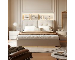 ADFBL Ottomaans Bed 140x200 Beige - Fluweel Bed met Opbergruimte, Dubbele LED & Zijvakken | Modern Design