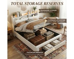 ADFBL Ottomaans Bed 140x200 Beige - Fluweel Bed met Opbergruimte, LED & Stopcontacten | Openklapbaar Hoofdbord