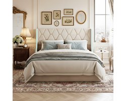 ADFBL Ottomaans Bed 140x200 cm Beige - Fluweel Bed met LED & Opbergruimte | Goud Geometrisch Design