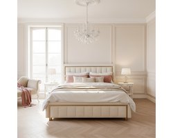ADFBL Ottomaans Bed 140x200 cm Beige - Fluweel Bed met Opbergruimte & Gouden Rand | Art Deco Hotel Chique