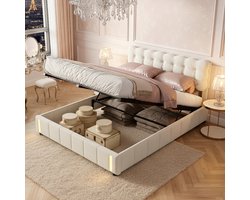 ADFBL Ottomaans Bed 140x200 cm Beige - Fluweel Bed met Opbergruimte & LED Bewegingssensor | Gecapitonneerd