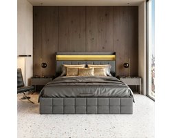 ADFBL Ottomaans Bed 140x200 cm Grijs - Linnen Bed met LED, USB & Opbergruimte | Gecapitonneerd Hoofdbord