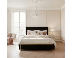 ADFBL Ottomaans Bed 140x200 cm Zwart - Fluweel Bed met Opbergruimte & Gouden Rand | Art Deco Hotel Chique