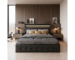 ADFBL Ottomaans Bed 140x200 cm Zwart - Lederen Bed met LED, USB & Opbergruimte | Gecapitonneerd Hoofdbord