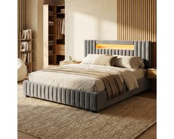 ADFBL Ottomaans Bed 140x200 Grijs - Fluweel Bed met Opbergruimte & App RGB LED | Modern Design