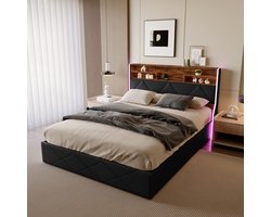 ADFBL Ottomaans Bed 140x200 Zwart/Hout - Opbergbed met Geïntegreerde Nachtkastjes, LED & USB-C