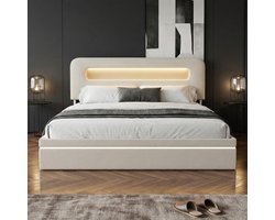 ADFBL Ottomaans Bed 160x200 Beige - Fluweel Bed met LED & USB-C | Hoofdbord met Opbergvak