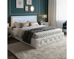 ADFBL Ottomaans Bed 160x200 Beige - Fluweel Bed met Opbergruimte & App RGB LED | Verstelbaar Hoofdbord