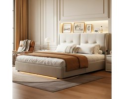 ADFBL Ottomaans Bed 160x200 Beige - Fluweel Bed met Opbergruimte, Dubbele LED & Zijvakken | Modern Design
