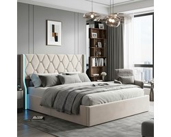 ADFBL Ottomaans Bed 160x200 cm Beige - Fluweel Bed met LED & Opbergruimte | Goud Geometrisch Design
