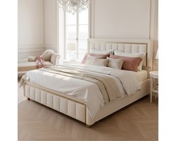 ADFBL Ottomaans Bed 160x200 cm Beige - Fluweel Bed met Opbergruimte & Gouden Rand | Art Deco Hotel Chique