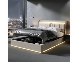 ADFBL Ottomaans Bed 160x200 cm Beige - Gestoffeerd Bed met LED & USB | Dubbele Opslagruimte Hoofdbord