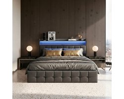 ADFBL Ottomaans Bed 160x200 cm Grijs - Linnen Bed met LED, USB & Opbergruimte | Gecapitonneerd Hoofdbord