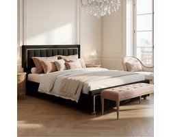 ADFBL Ottomaans Bed 160x200 cm Zwart - Fluweel Bed met Opbergruimte & Gouden Rand | Art Deco Hotel Chique
