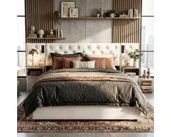 ADFBL Ottomaans Bed 160x200 Crème - Fluweel Bed met Lift, Verlichting & Lades in Hoofdbord | USB Oplader