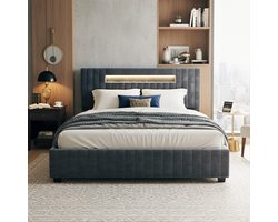 ADFBL Ottomaans Bed 160x200 Grijs - Fluweel Bed met Opbergruimte & App RGB LED | Modern Design