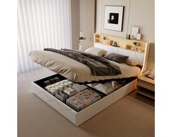 ADFBL Ottomaans Bed 160x200 Wit/Eiken - Opbergbed met Geïntegreerde Nachtkastjes, LED & USB-C