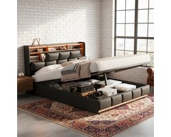 ADFBL Ottomaans Bed 160x200 Zwart - Lederen Bed met LED & Stopcontact | Opbergruimte & USB-poorten