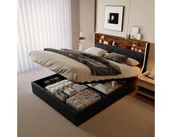 ADFBL Ottomaans Bed 160x200 Zwart/Hout - Opbergbed met Geïntegreerde Nachtkastjes, LED & USB-C