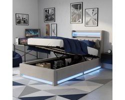 ADFBL Ottomaans Bed 90x200 cm Grijs - Gestoffeerd Bed met LED & USB | Dubbele Opslagruimte Hoofdbord