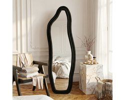 ADFBL Passpiegel Golf 140x45 cm Zwart - Fluwelen Lijst | Staande Decoratieve Spiegel Wavy Design