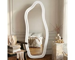 ADFBL Passpiegel Golf 160x50 cm Wit - Fluwelen Lijst | Staande Decoratieve Spiegel Wavy Design