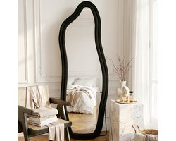 ADFBL Passpiegel Golf 160x50 cm Zwart - Fluwelen Lijst | Staande Decoratieve Spiegel Wavy Design