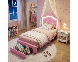 ADFBL Prinsessenbed Roze 90x200 cm - Gecapitonneerd Kinderbed met LED & Lade | PU Leer