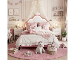 ADFBL Prinsessenbed Roze 90x200 cm - Kinderbed met Kroon & LED Verlichting | Gestoffeerd Fluweel Wolk Design