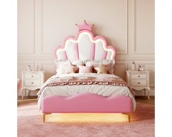 ADFBL Prinsessenbed Roze 90x200 cm - Kinderbed met Kroon & LED Verlichting | Gestoffeerd Meisjesbed