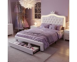 ADFBL Prinsessenbed Wit 140x200 cm - Gestoffeerd Bed met 2 Lades & LED | Kristallen Knopen PU Leer